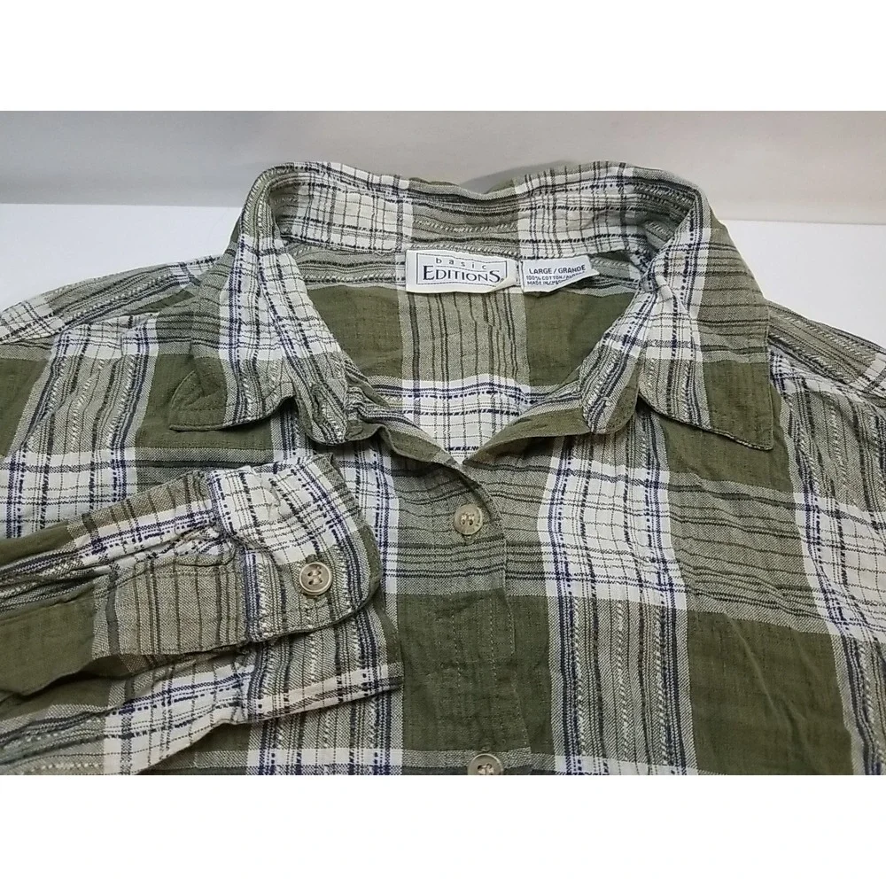 Basic Editions Womens Large Plaid Long Sleeve Button Up Shirt Green White
